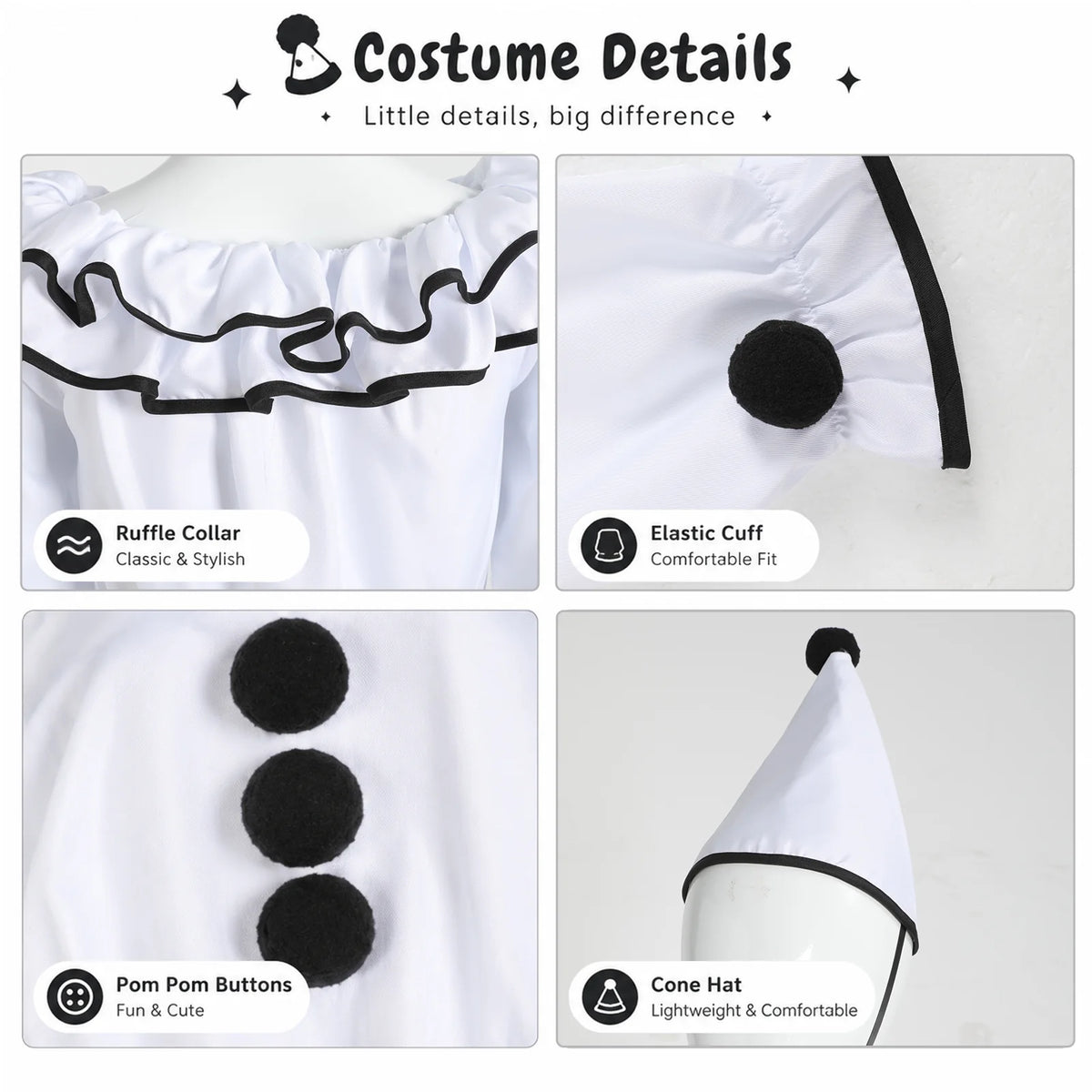 Ruffled collar, dark edging, and pom-pom details on Pierrot dress