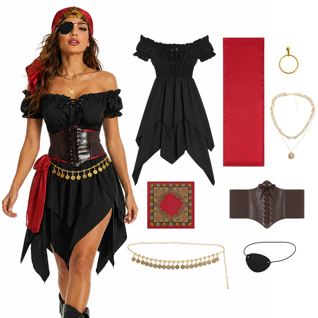 Pirate Costume for Women – Black & Red 8-Piece Set