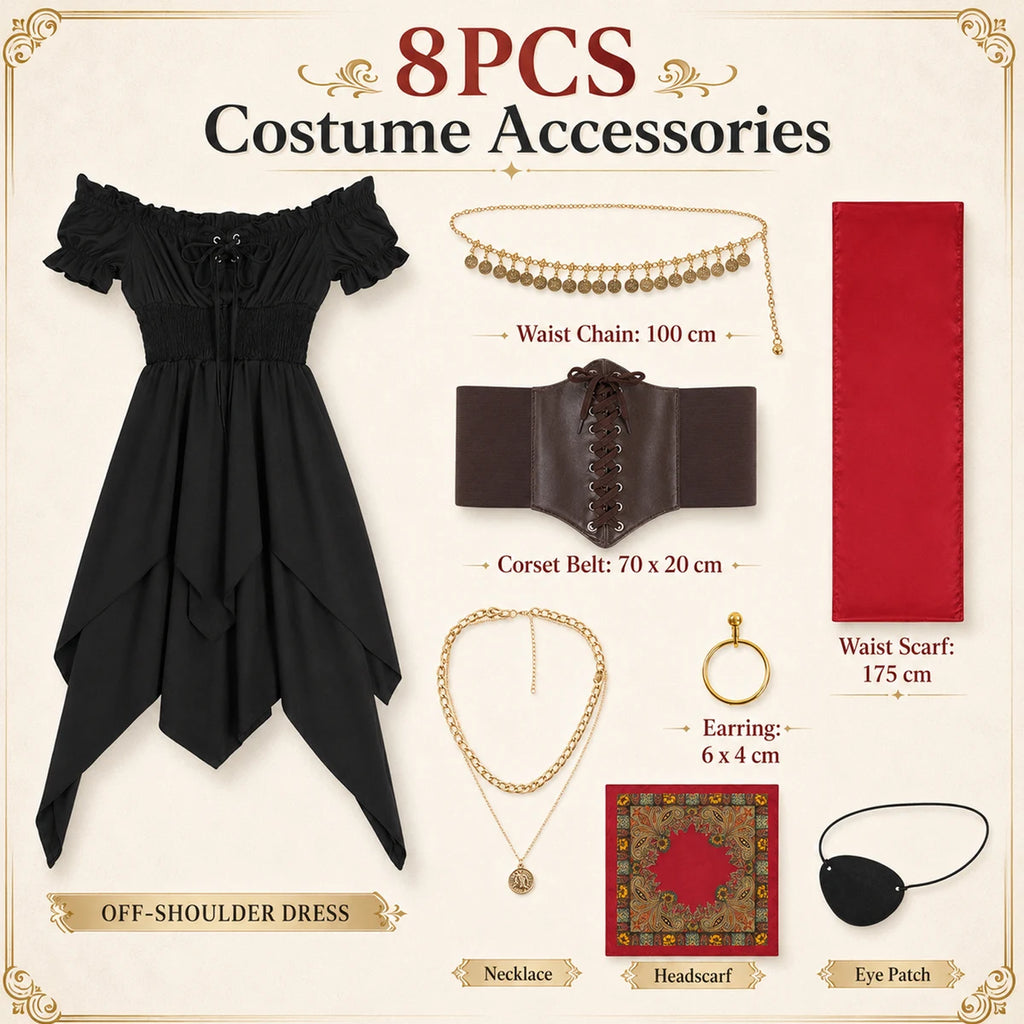 Eight-piece pirate costume contents with accessory measurements