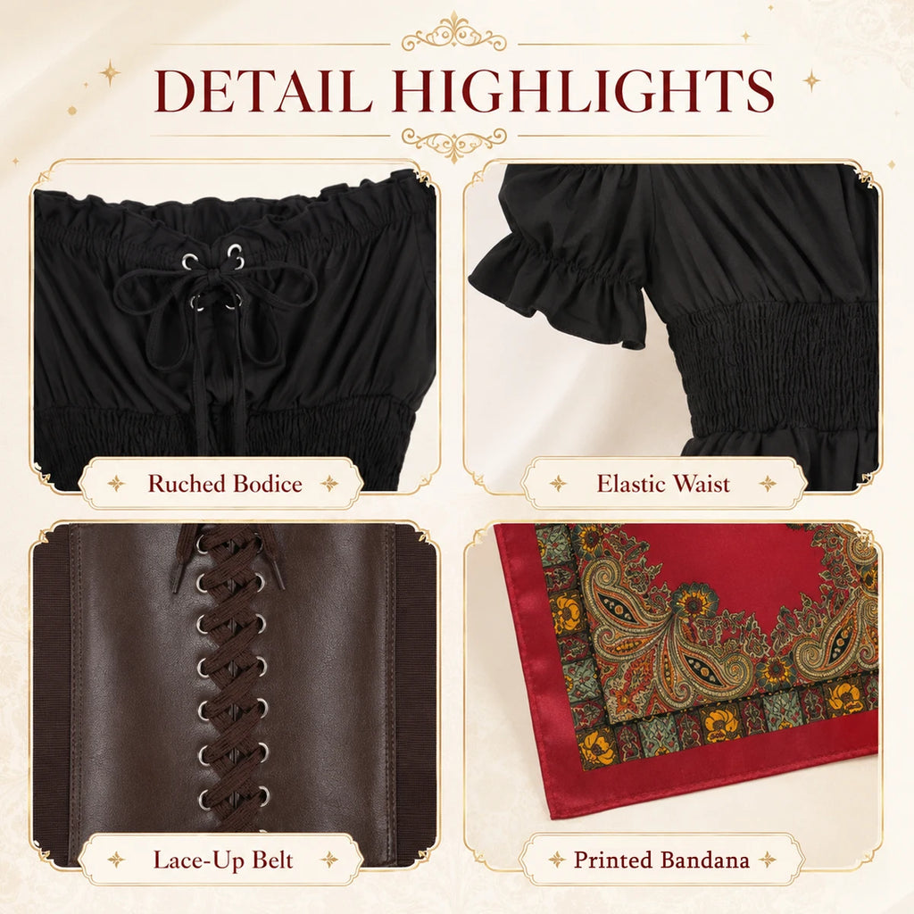 Close-up details of the ruched black dress, lace-up belt and patterned bandana