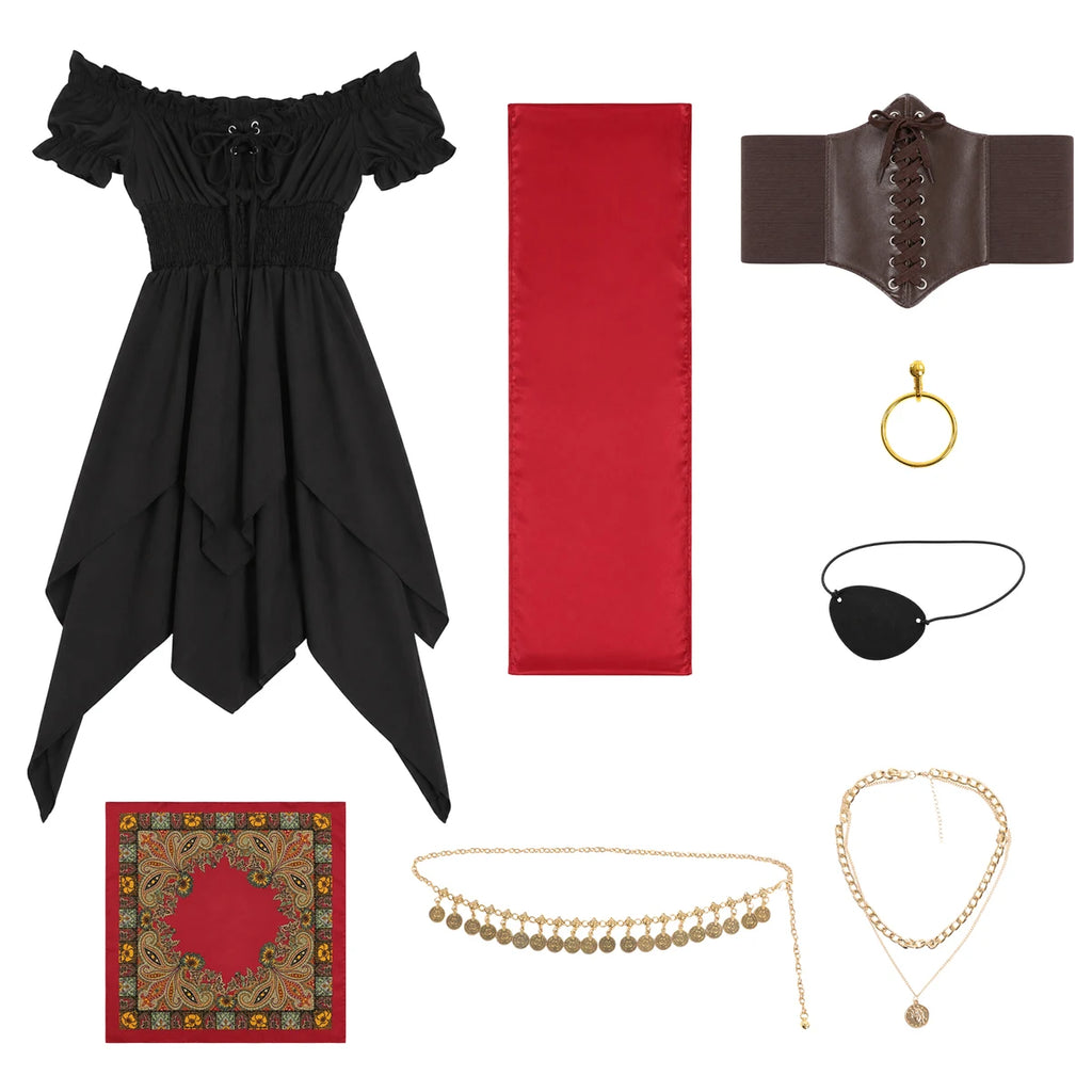 Eight-piece women's pirate costume set arranged as a flat lay