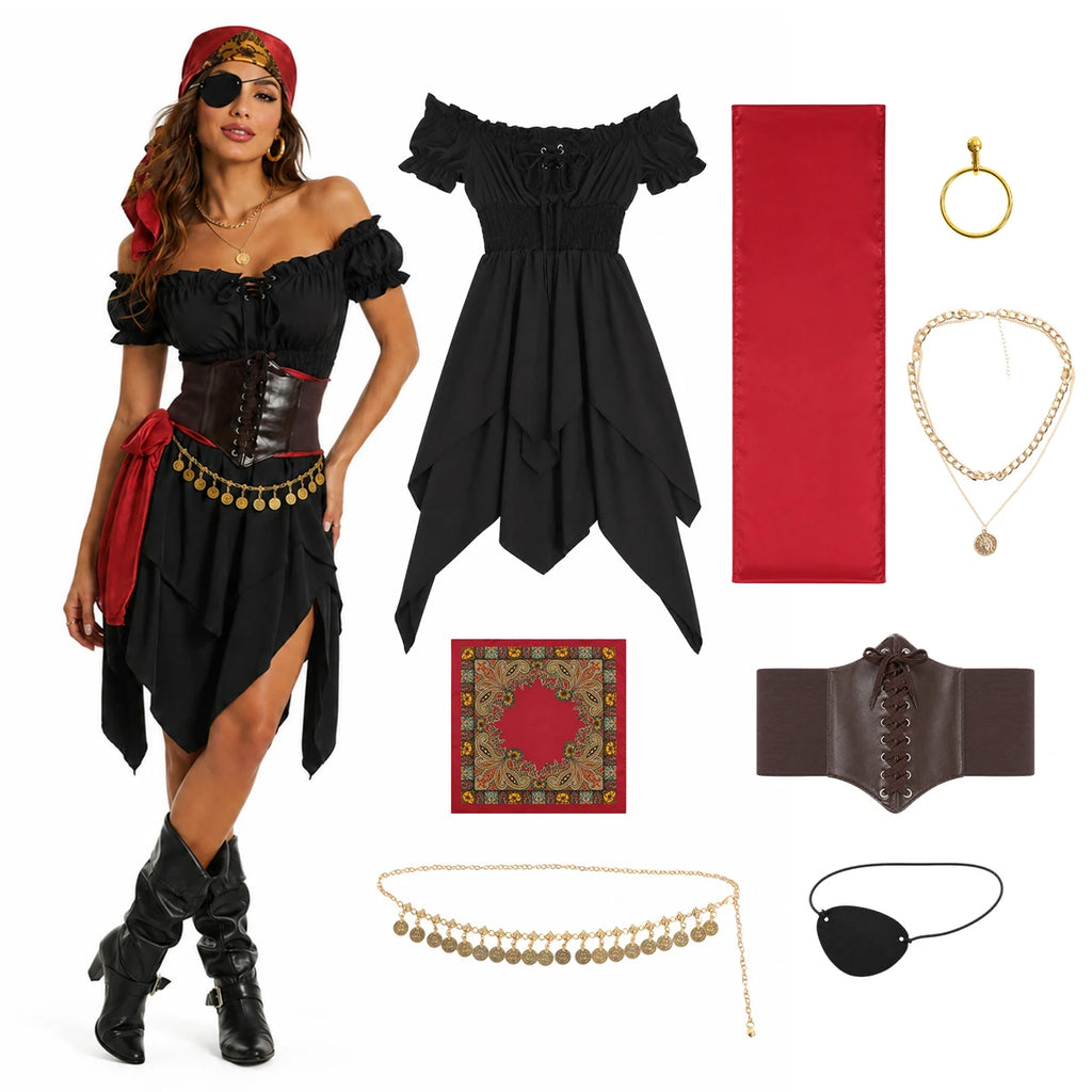 Woman wearing a black and red pirate costume set beside the eight included pieces