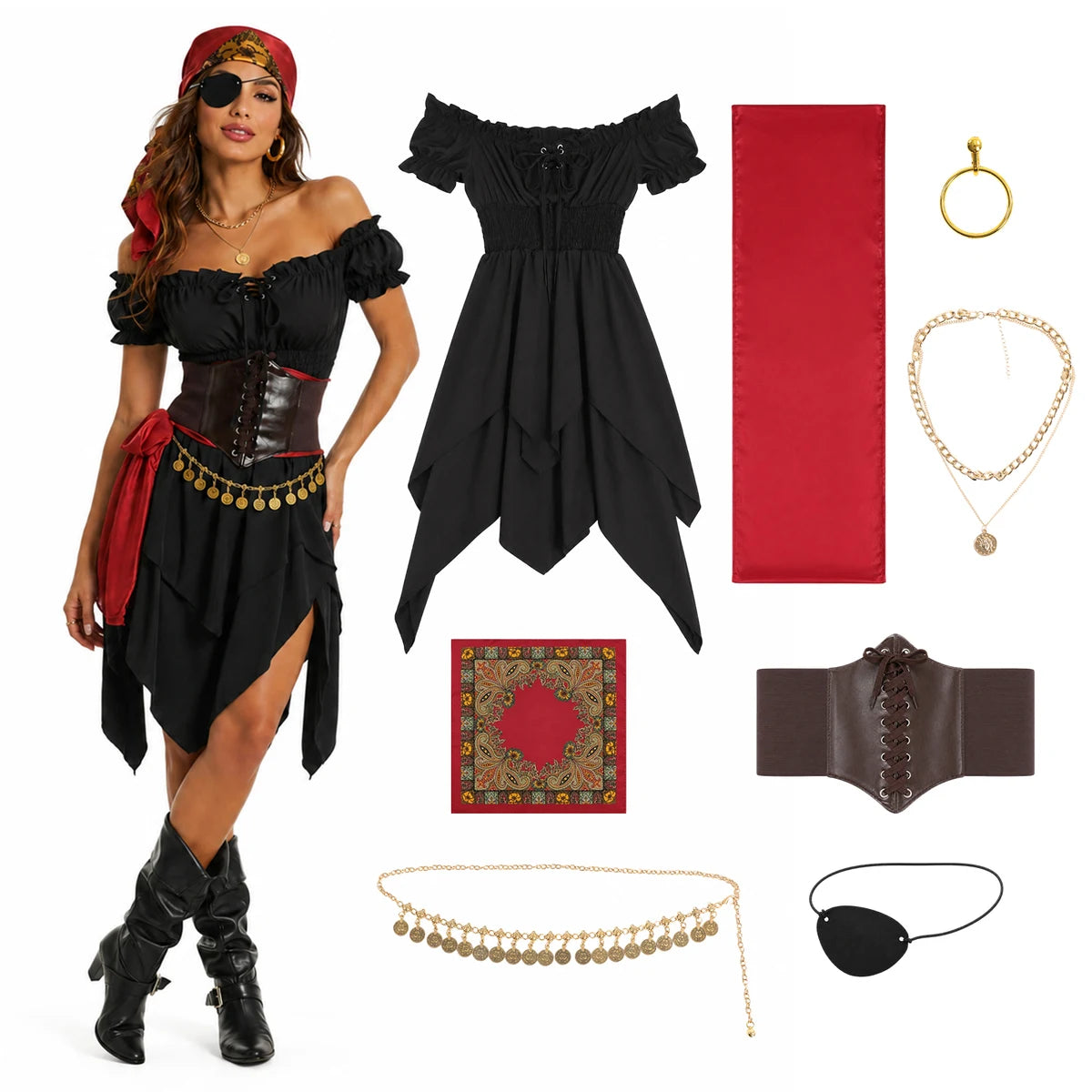 Woman wearing a black and red pirate costume set beside the eight included pieces