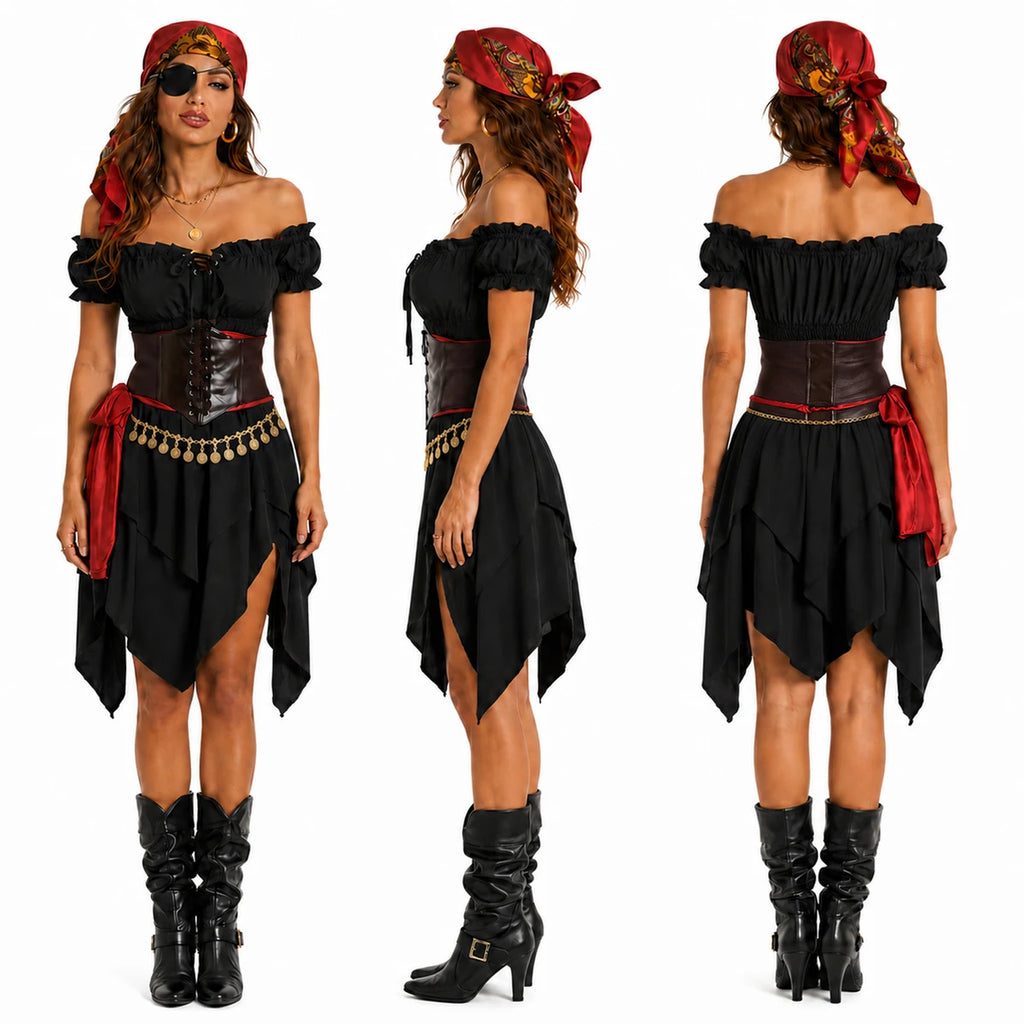Women's black and red pirate costume shown from the front, side and back