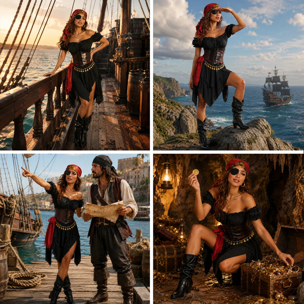 Women's black and red pirate costume styled in ship and treasure scenes