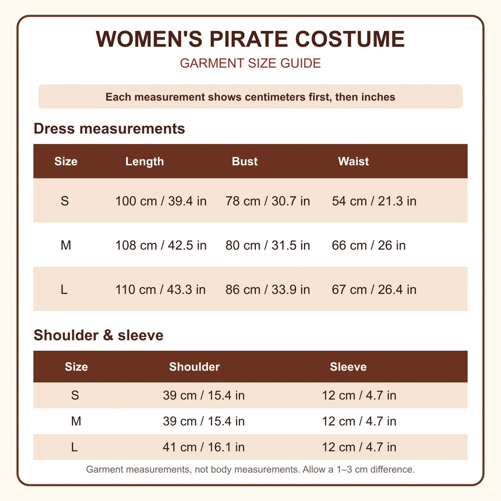Women's pirate costume garment size guide for sizes S, M and L