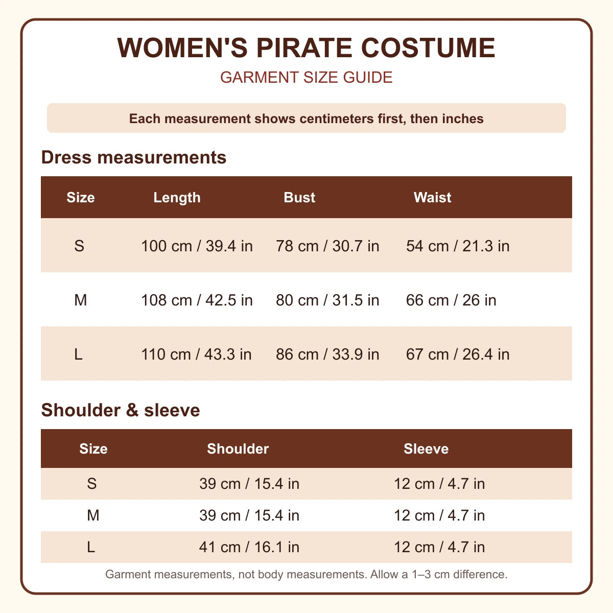 Women's pirate costume garment size guide for sizes S, M and L