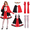 The Queen of Hearts-inspired five-piece costume set is shown with its coordinated accessories.