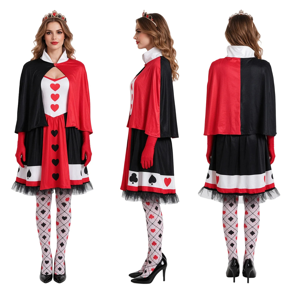 Front, side and back views show the Queen of Hearts-inspired dress and cape silhouette.