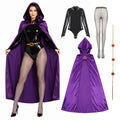 A woman wears a Raven-inspired purple hooded cape, black bodysuit and tights beside the four included costume components.