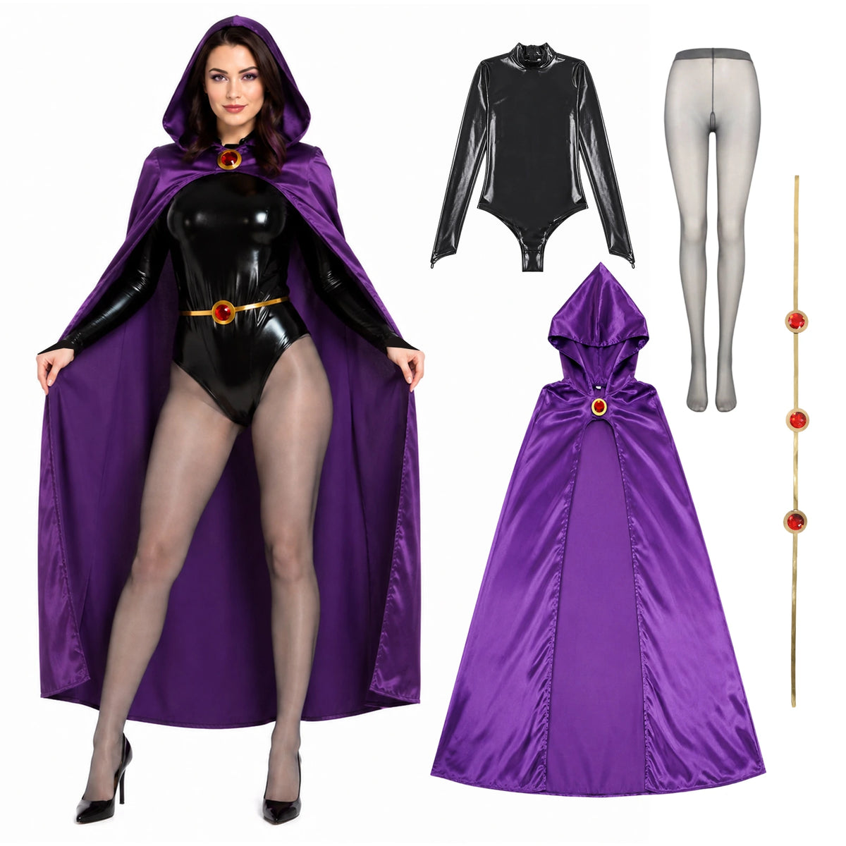 A woman wears a Raven-inspired purple hooded cape, black bodysuit and tights beside the four included costume components.