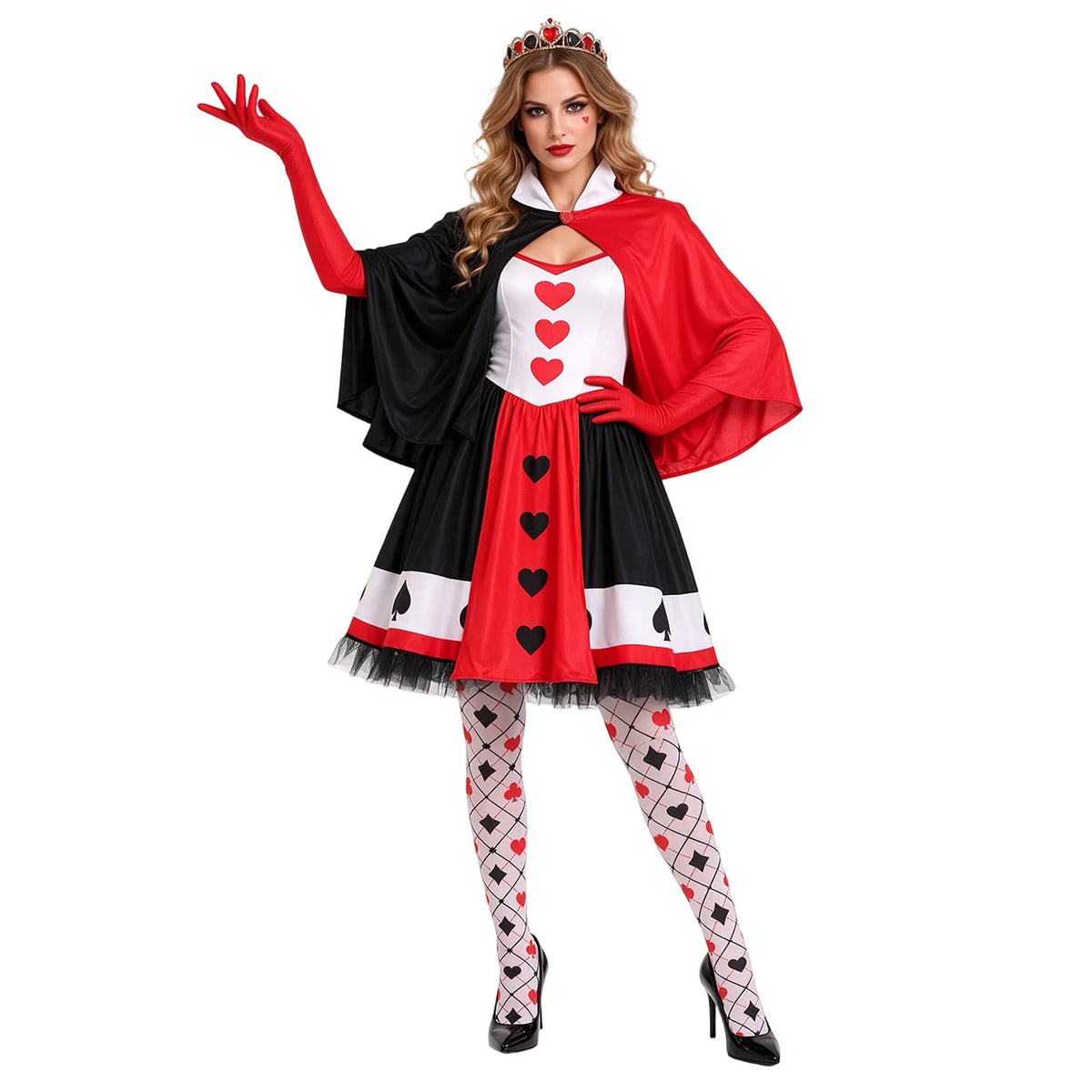 A model wears the complete Queen of Hearts-inspired costume with cape, crown headband, gloves and socks.