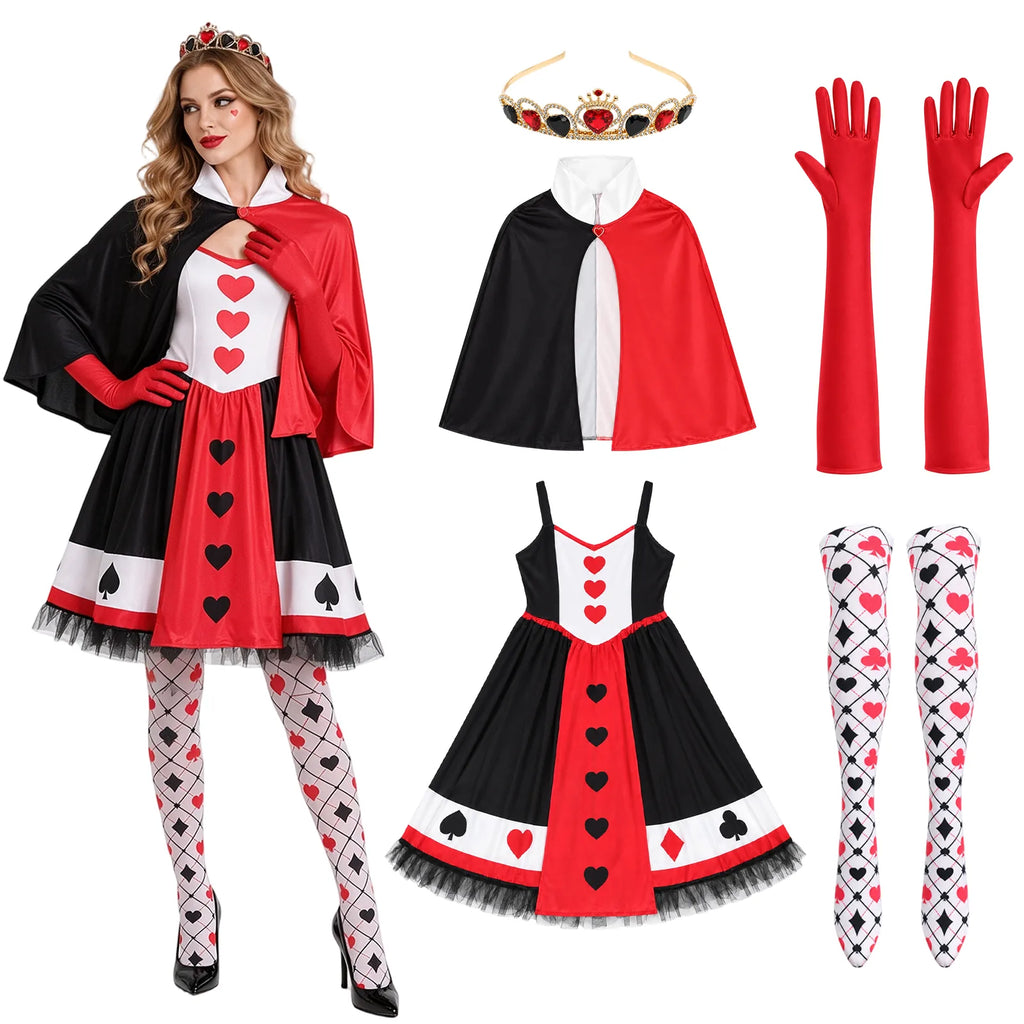The Queen of Hearts-inspired costume set is shown together in its red, black and white palette.