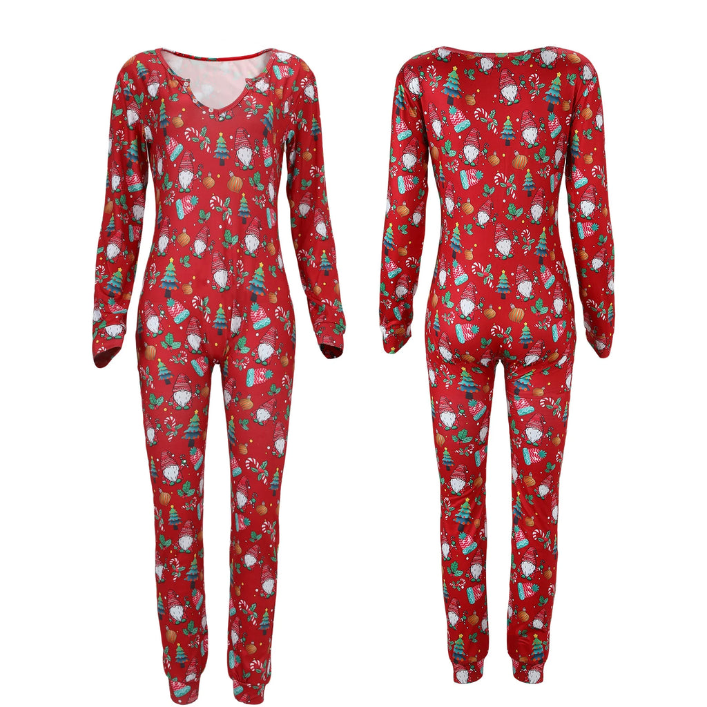 Women's red Christmas gnome pajama jumpsuit from front side and back