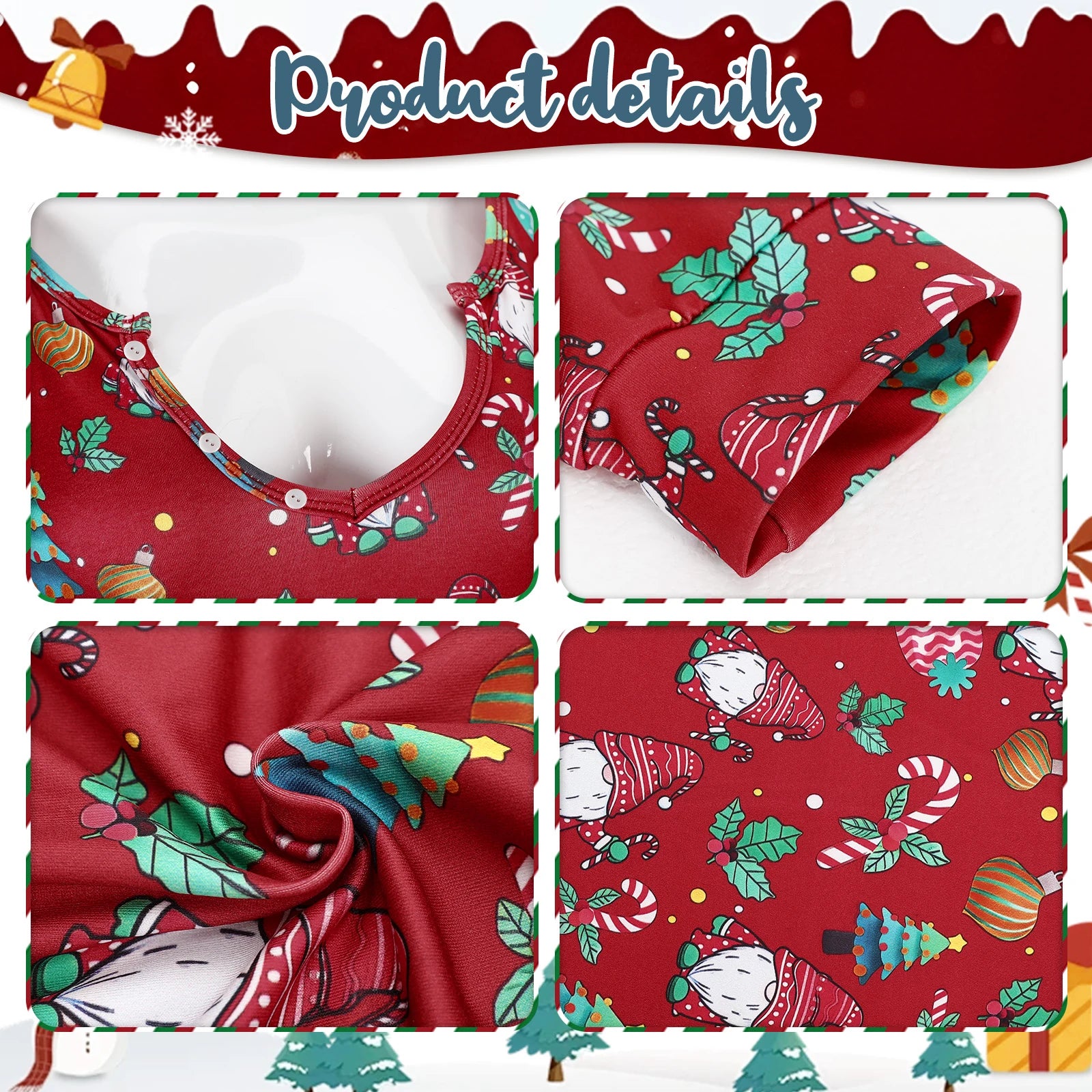 Red christmas gnome onesie fabric print neckline and seam details
