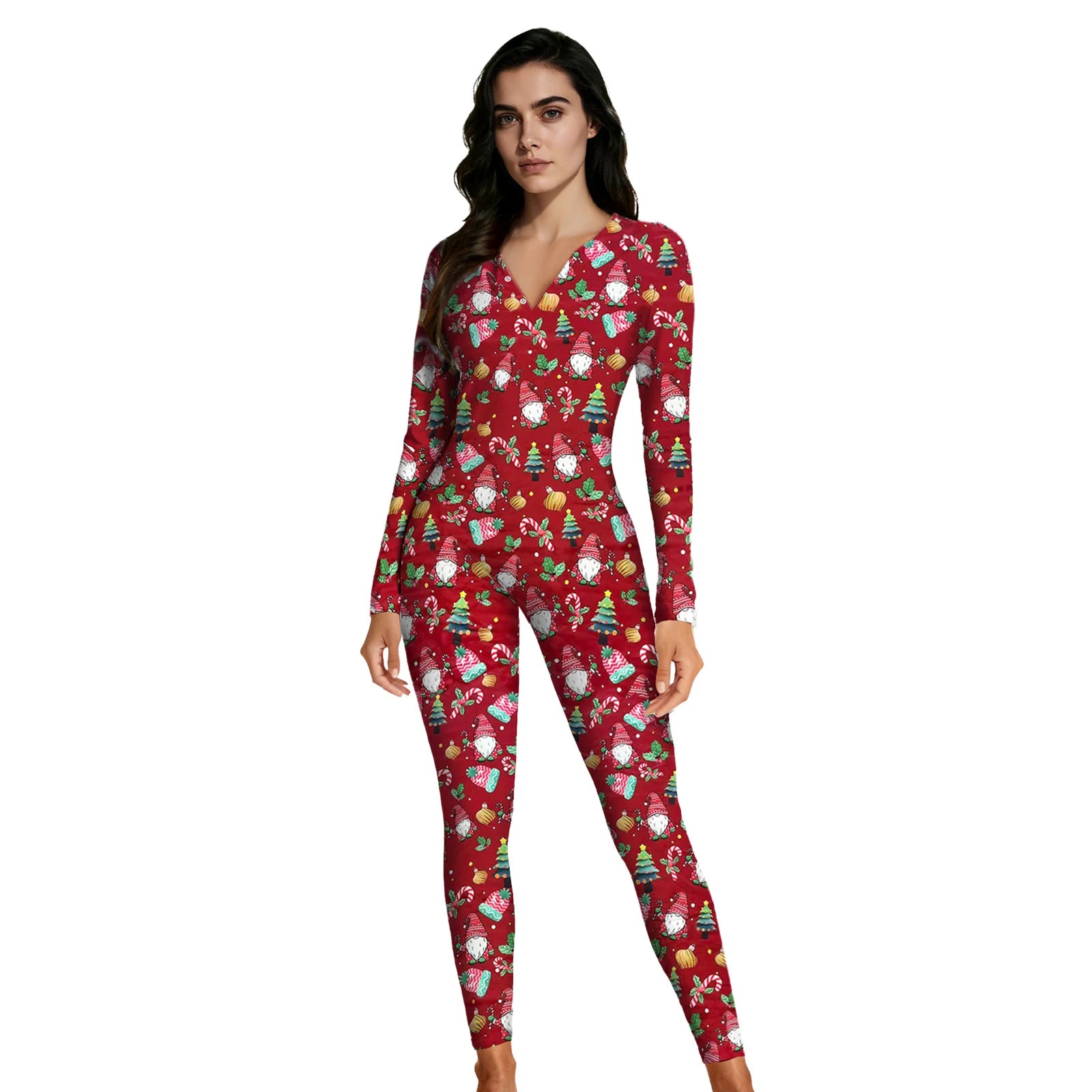 Women's red Christmas gnome onesie fit and profile views
