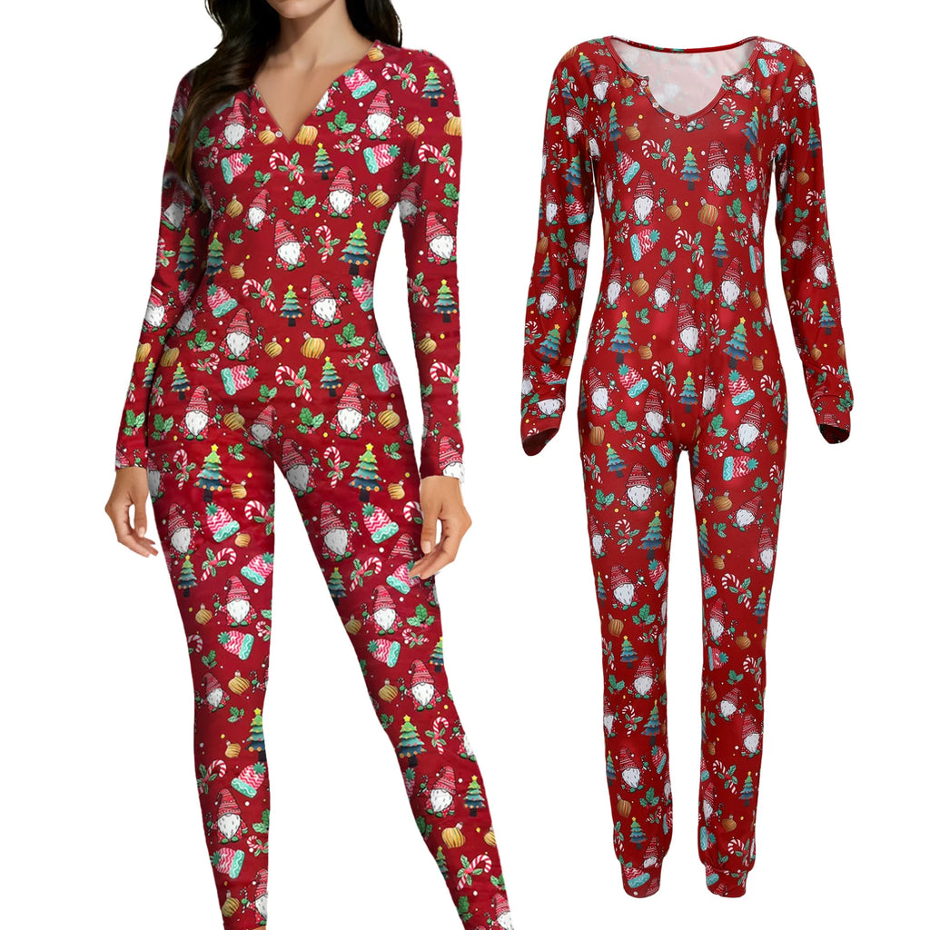 Women's red Christmas gnome jumpsuit shown from the front and back
