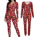 Women's red Christmas gnome jumpsuit shown from the front and back
