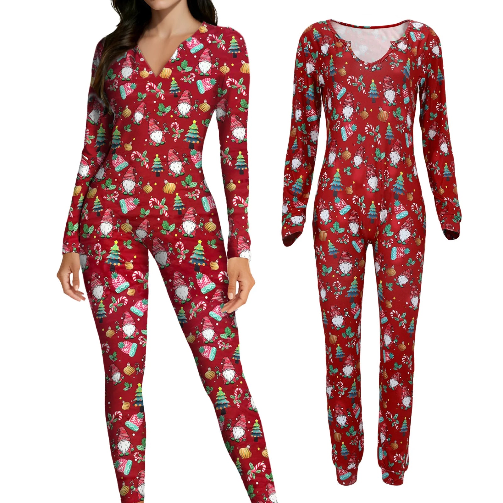 Women's red Christmas gnome jumpsuit shown from the front and back
