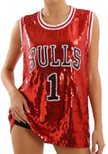 A woman wears the red sequin basketball jersey with striped trim, BULLS lettering and number 1.