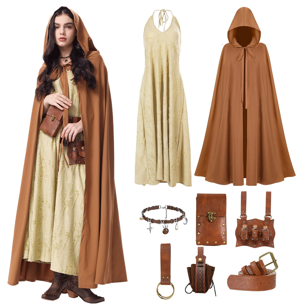 Model wearing an ivory Renaissance dress and brown hooded cloak, styled with coordinating costume accessories.