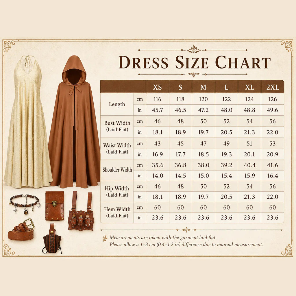 Women's Renaissance costume size chart for XS to 2XL with dress measurements in inches and centimeters.