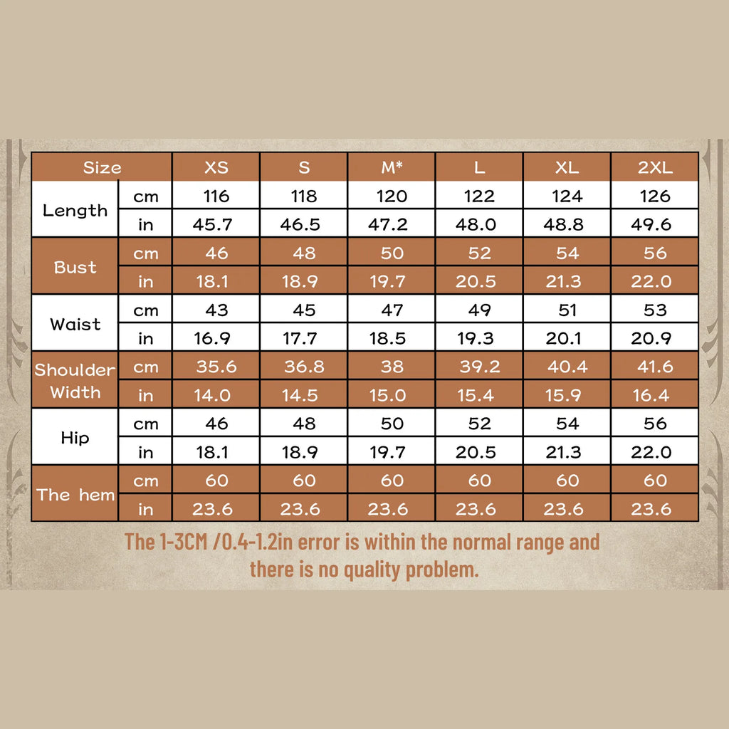 Women's Renaissance dress size chart for XS through 2XL with garment measurements in inches and centimeters.