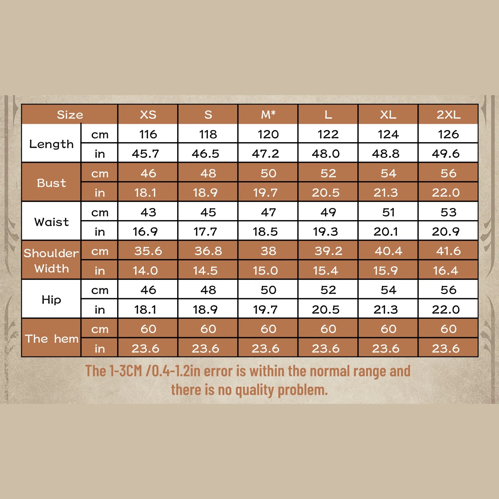 Women's Renaissance dress size chart for XS through 2XL with garment measurements in inches and centimeters.