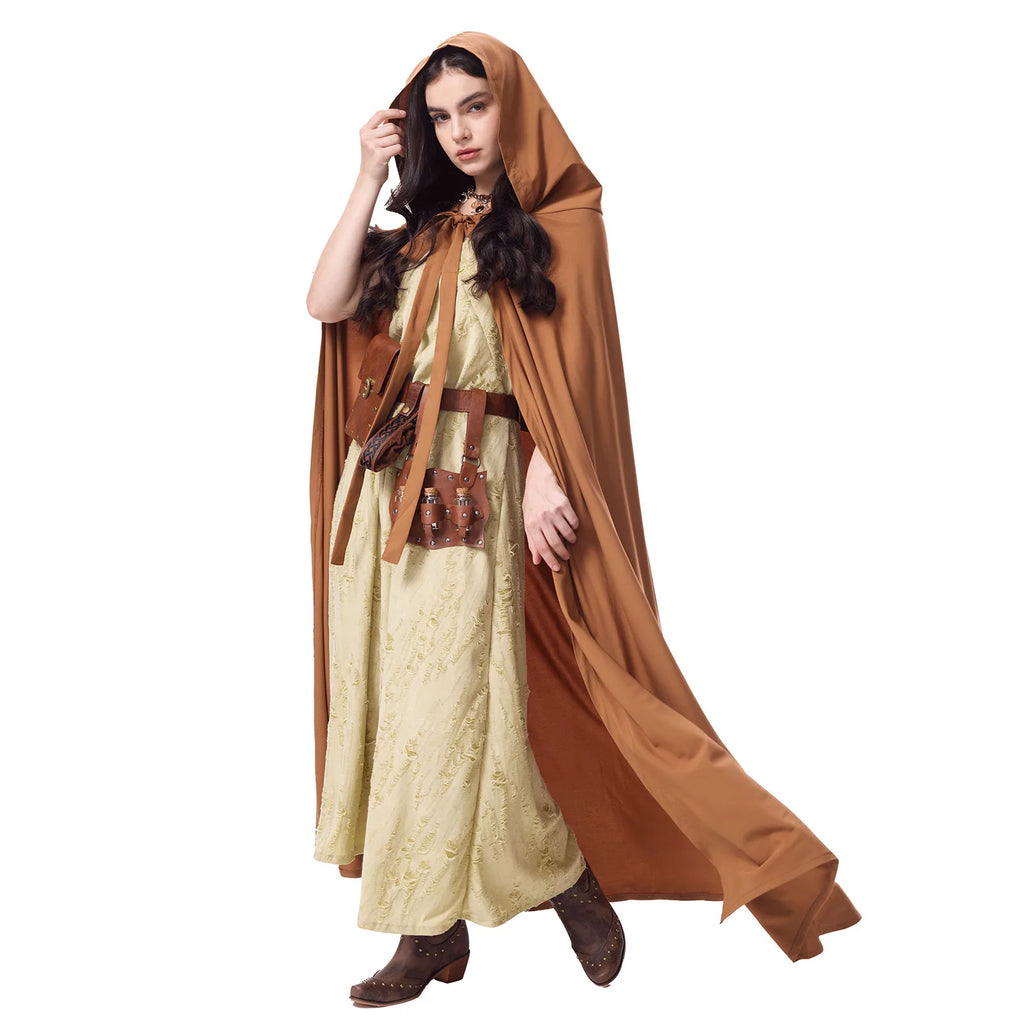Model wearing a brown hooded cloak over an ivory full-length Renaissance dress with waist accessories.