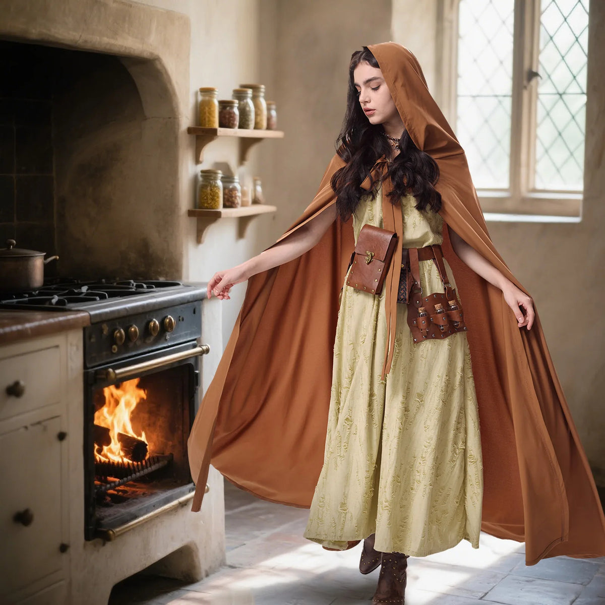 Renaissance outfit styled in a rustic historical setting