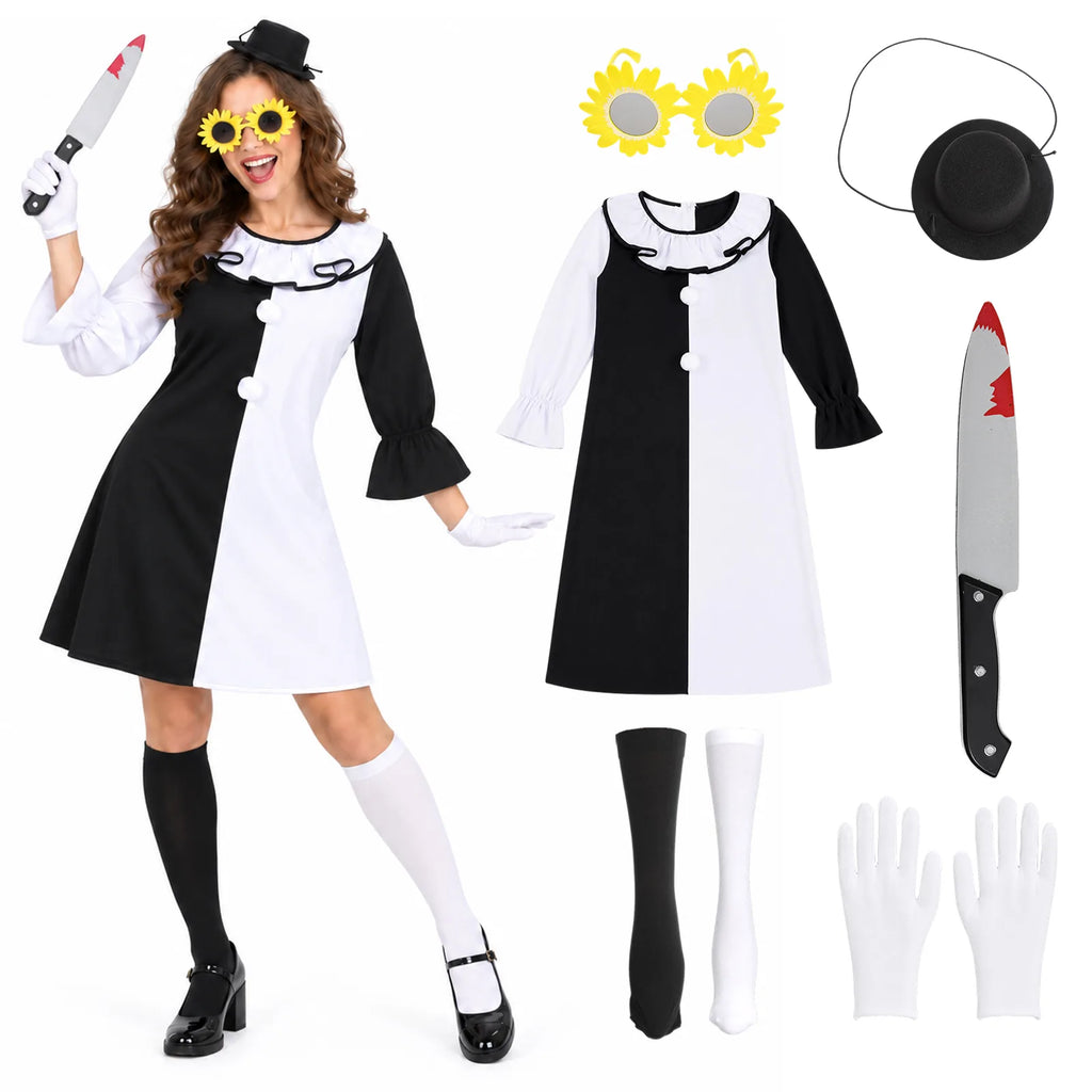Women's scary clown costume shown with the dress, sunflower glasses, hat, gloves, socks and prop knife.