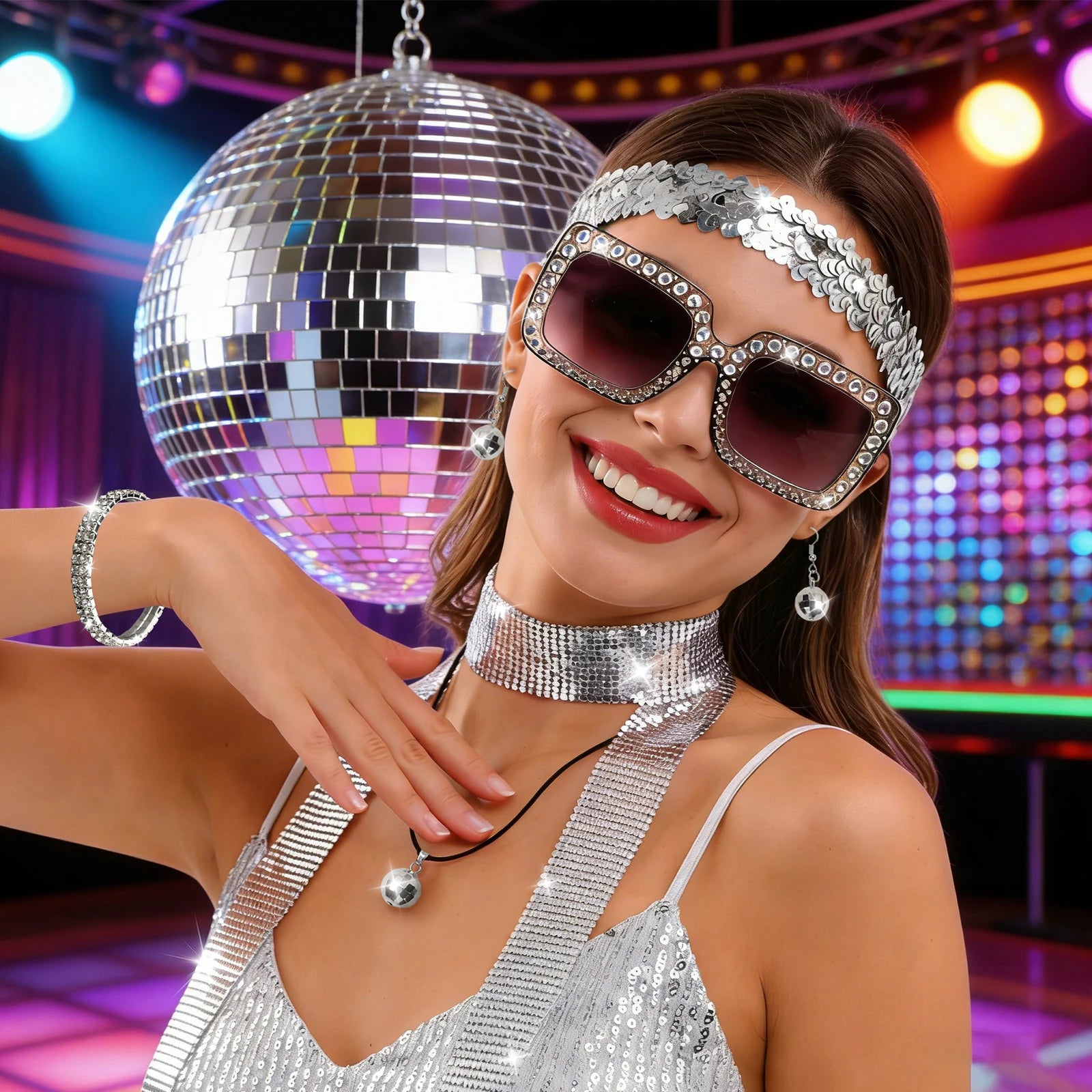 A themed setting presents women's silver 70s party accessories in a nightlife scene, with the coordinated sunglasses, headband, scarf and jewelry clearly visible.