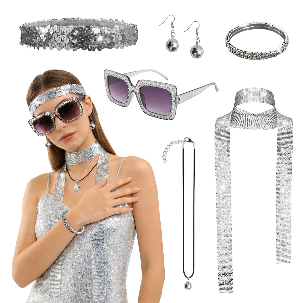 A clear product view presents a women's silver disco costume accessories with sunglasses and jewelry, with the coordinated sunglasses, headband, scarf and jewelry clearly visible.