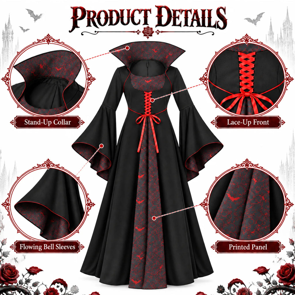 Close-up panels show the stand-up collar, red lace-up front, bell sleeves and black-and-red printed panel.
