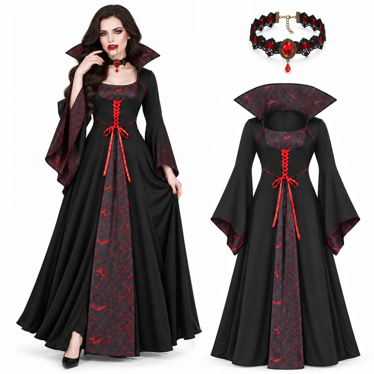 Black and red women's vampire costume dress displayed with the included jeweled choker.
