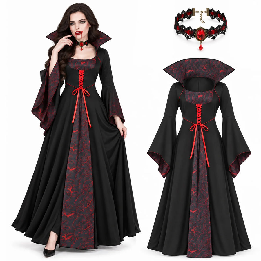 Black and red women's vampire costume dress displayed with the included jeweled choker.