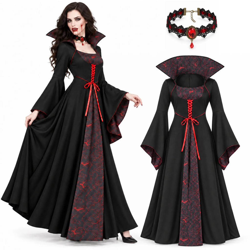 Front and back views of the floor-length black and red gothic vampire dress.