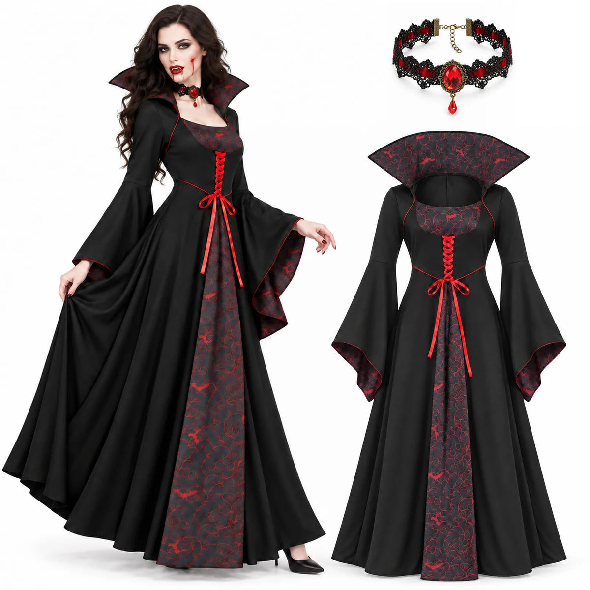 Front and back views of the floor-length black and red gothic vampire dress.