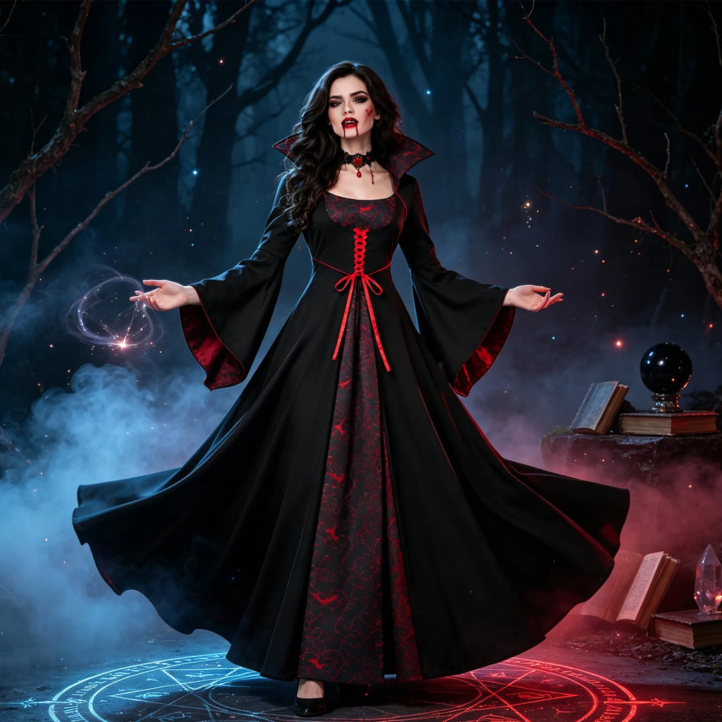 Woman wearing the full-length gothic vampire dress with bell sleeves and jeweled choker.