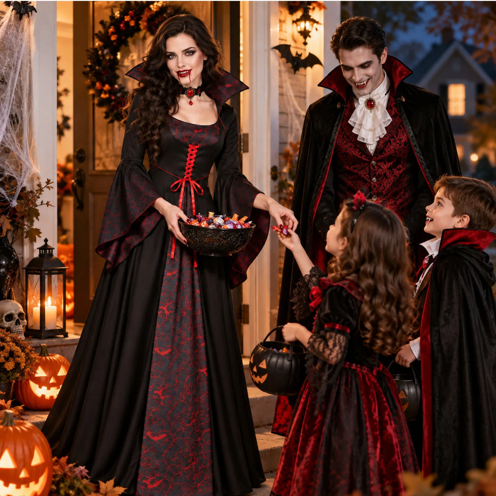 Women's gothic vampire dress styled in a dark theatrical room scene.