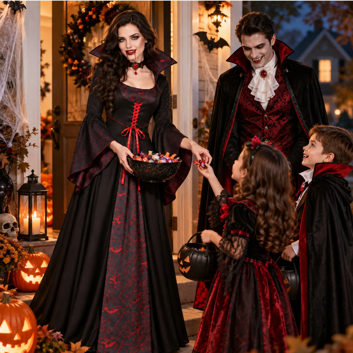Women's gothic vampire dress styled in a dark theatrical room scene.