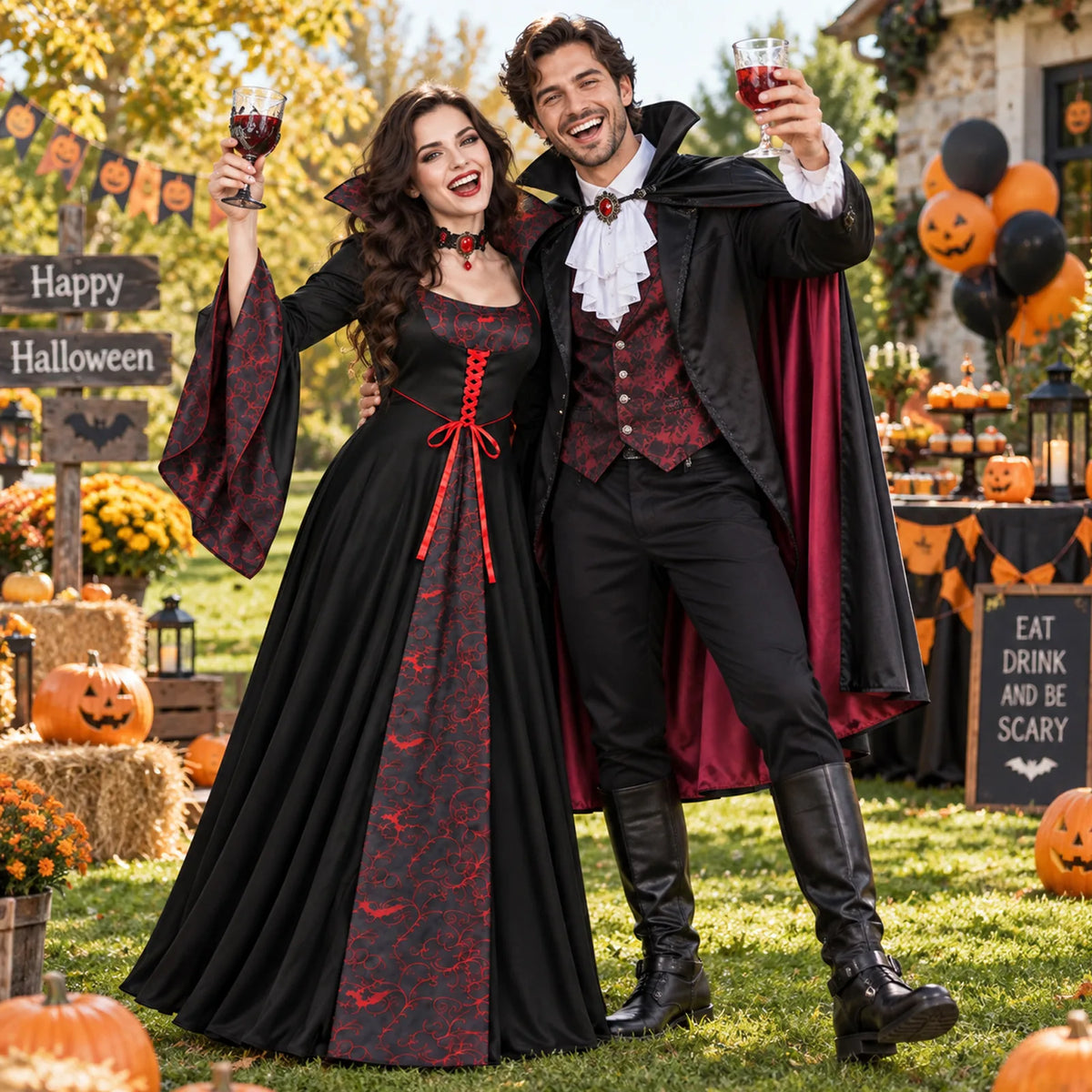 Women's vampire costume dress and choker styled at an outdoor Halloween party.