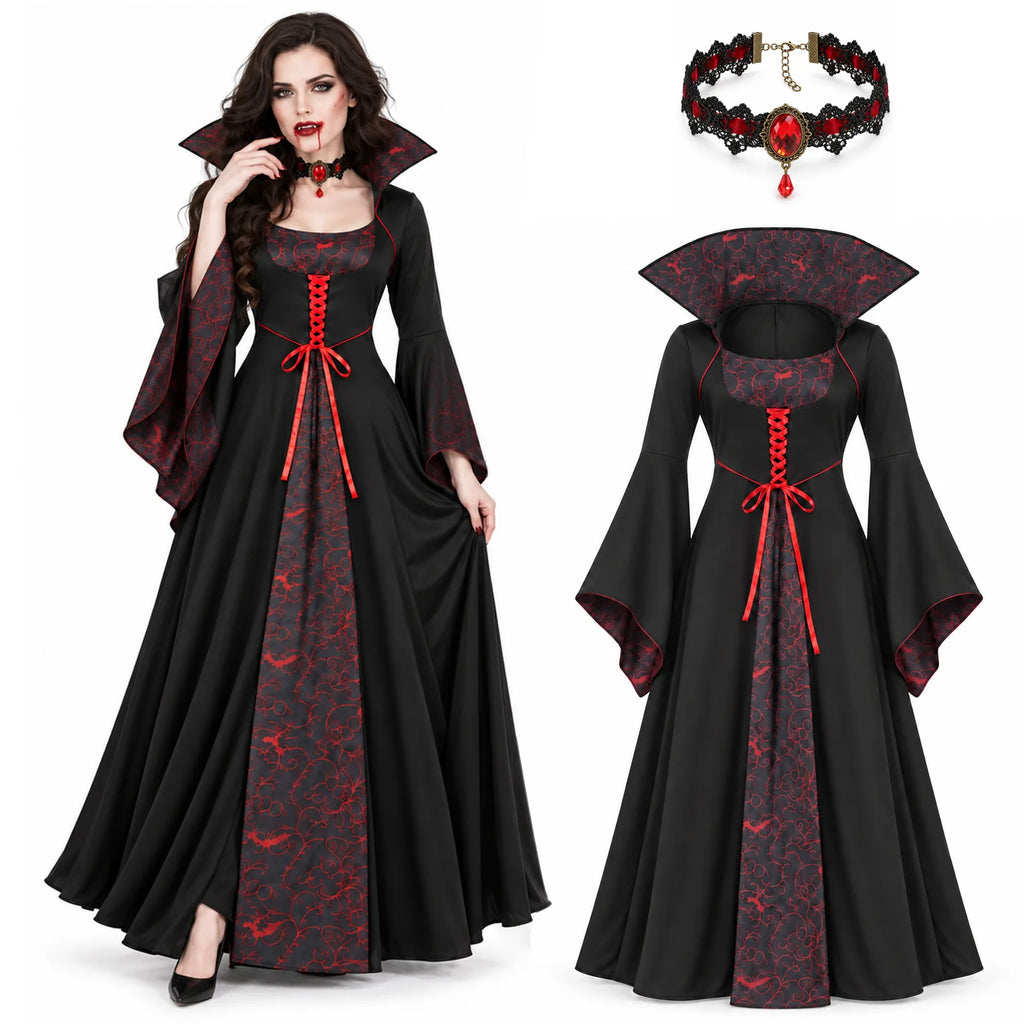 Model and flat-lay views show the vampire dress silhouette and matching choker.