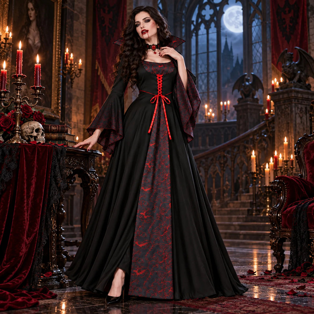 Black and red gothic vampire dress styled in an outdoor Halloween setting.