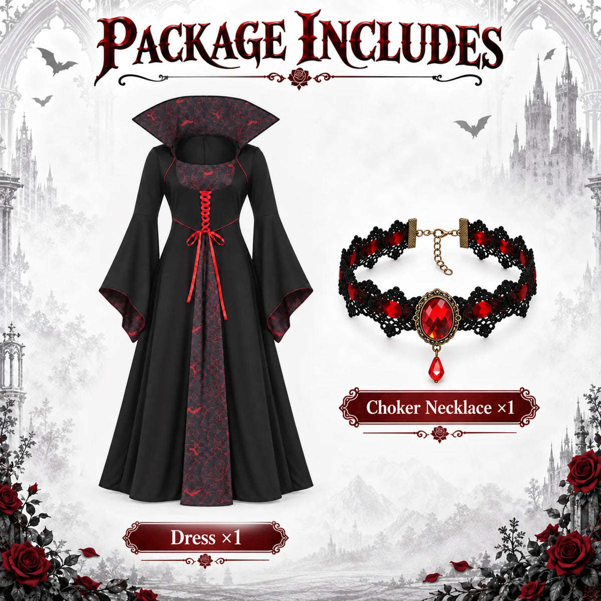 Package contents show one black and red vampire dress and one choker necklace.