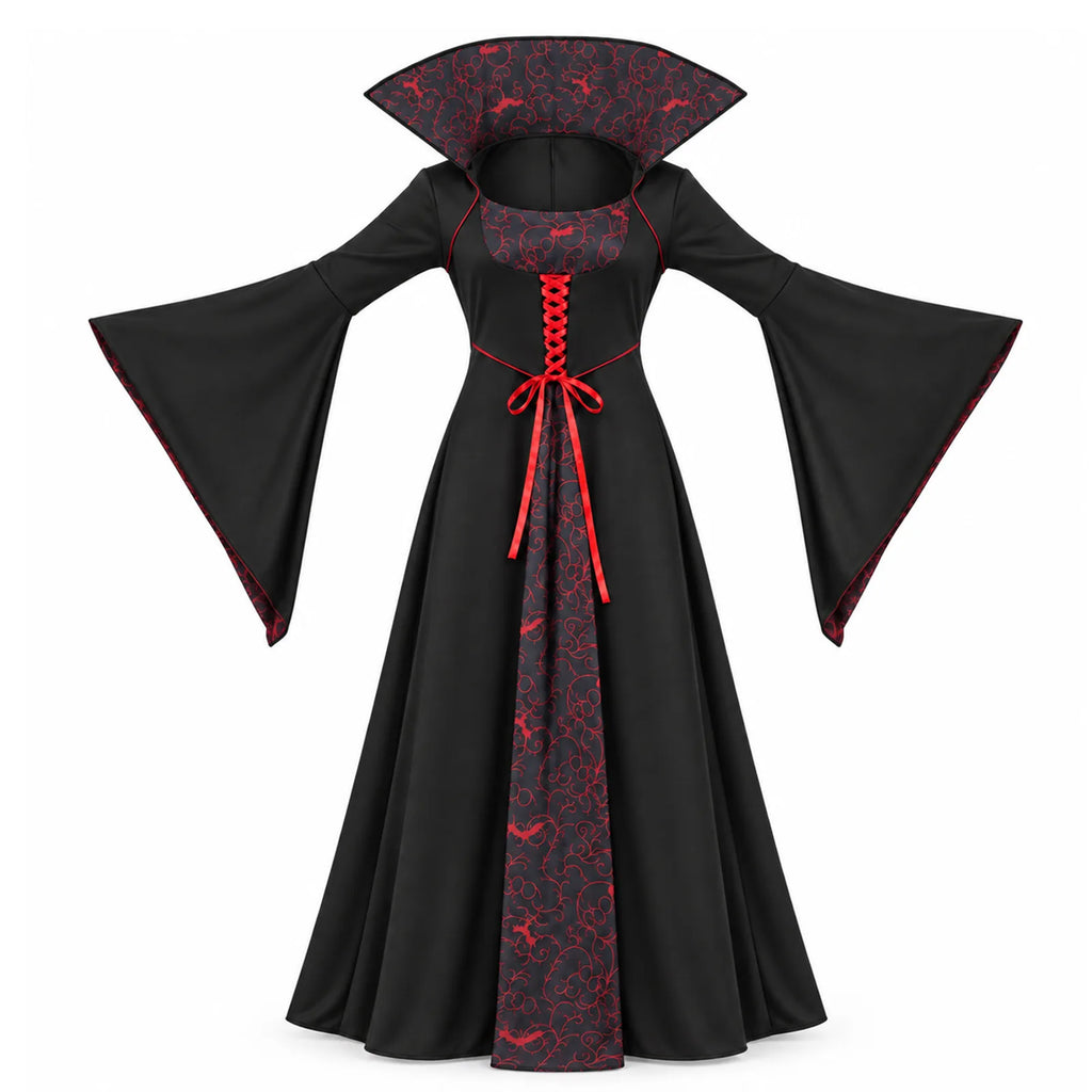 Multiple posed views show the full skirt and flowing bell sleeves.