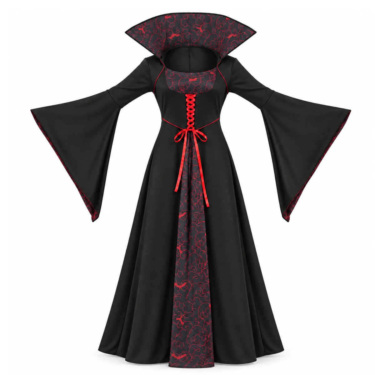 Multiple posed views show the full skirt and flowing bell sleeves.
