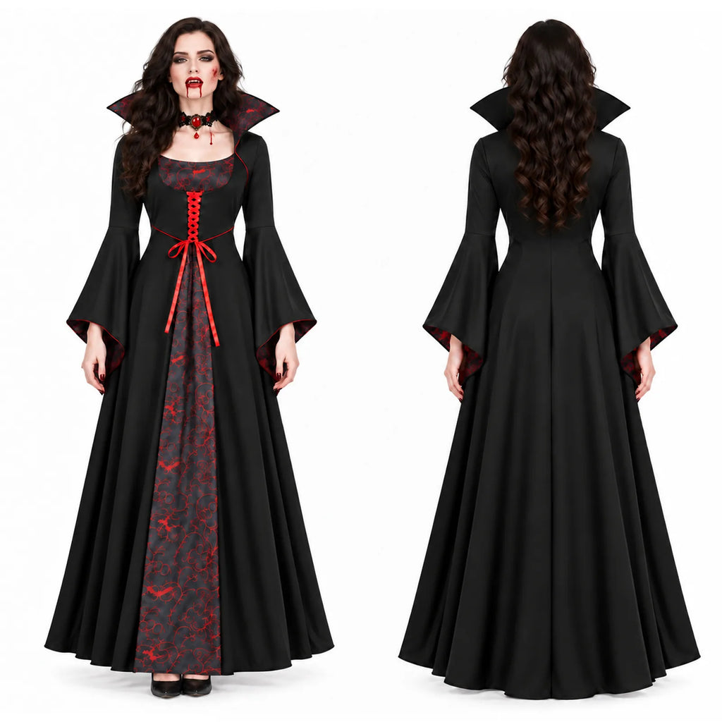 Side and back views show the dress silhouette, collar and printed center panel.