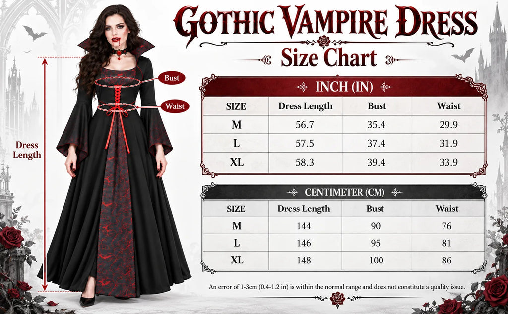 Size chart for the women's vampire costume in M, L and XL with dress length, bust and waist.