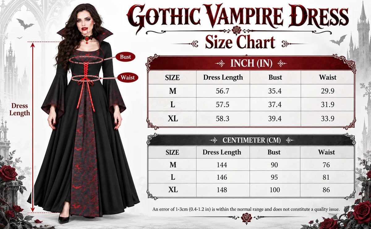 Size chart for the women's vampire costume in M, L and XL with dress length, bust and waist.